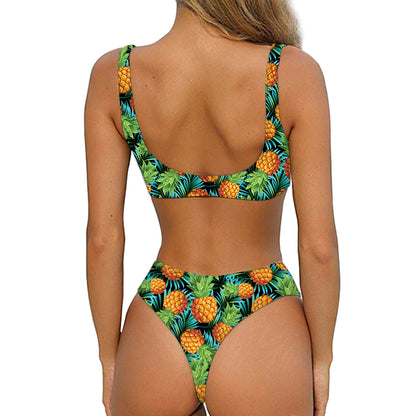 Exotic Tropical Pineapple Pattern Print Front Bow Tie Bikini