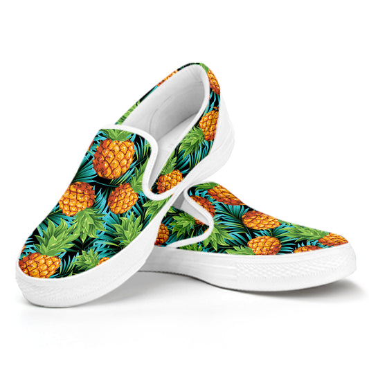 Exotic Tropical Pineapple Pattern Print White Slip On Shoes