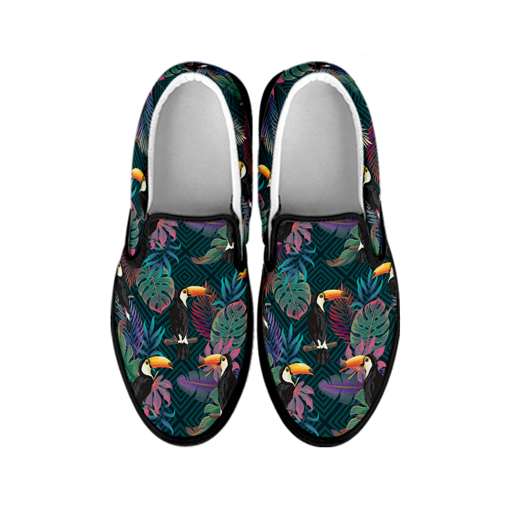 Exotic Tropical Toucan Pattern Print Black Slip On Shoes