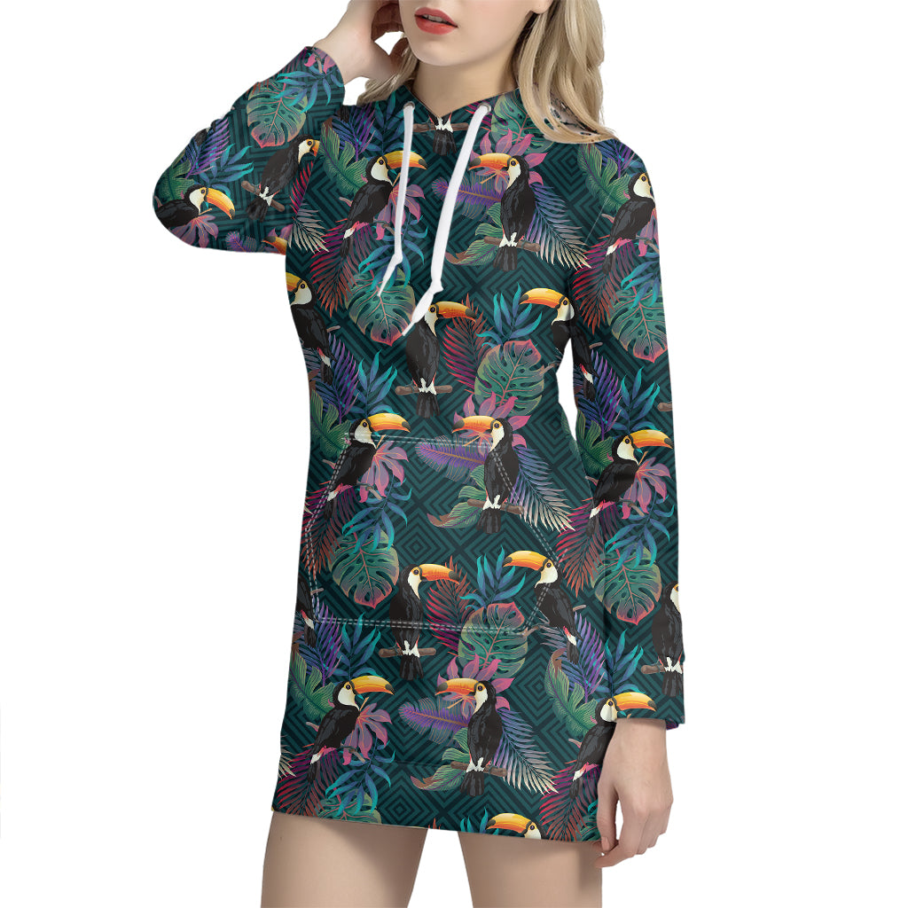 Exotic Tropical Toucan Pattern Print Hoodie Dress