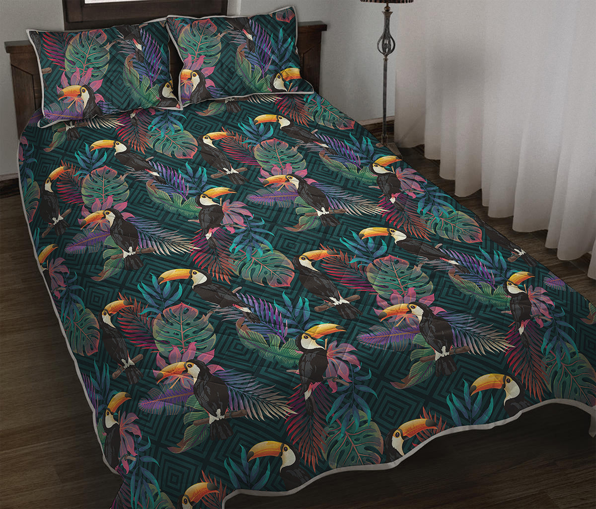 Exotic Tropical Toucan Pattern Print Quilt Bed Set