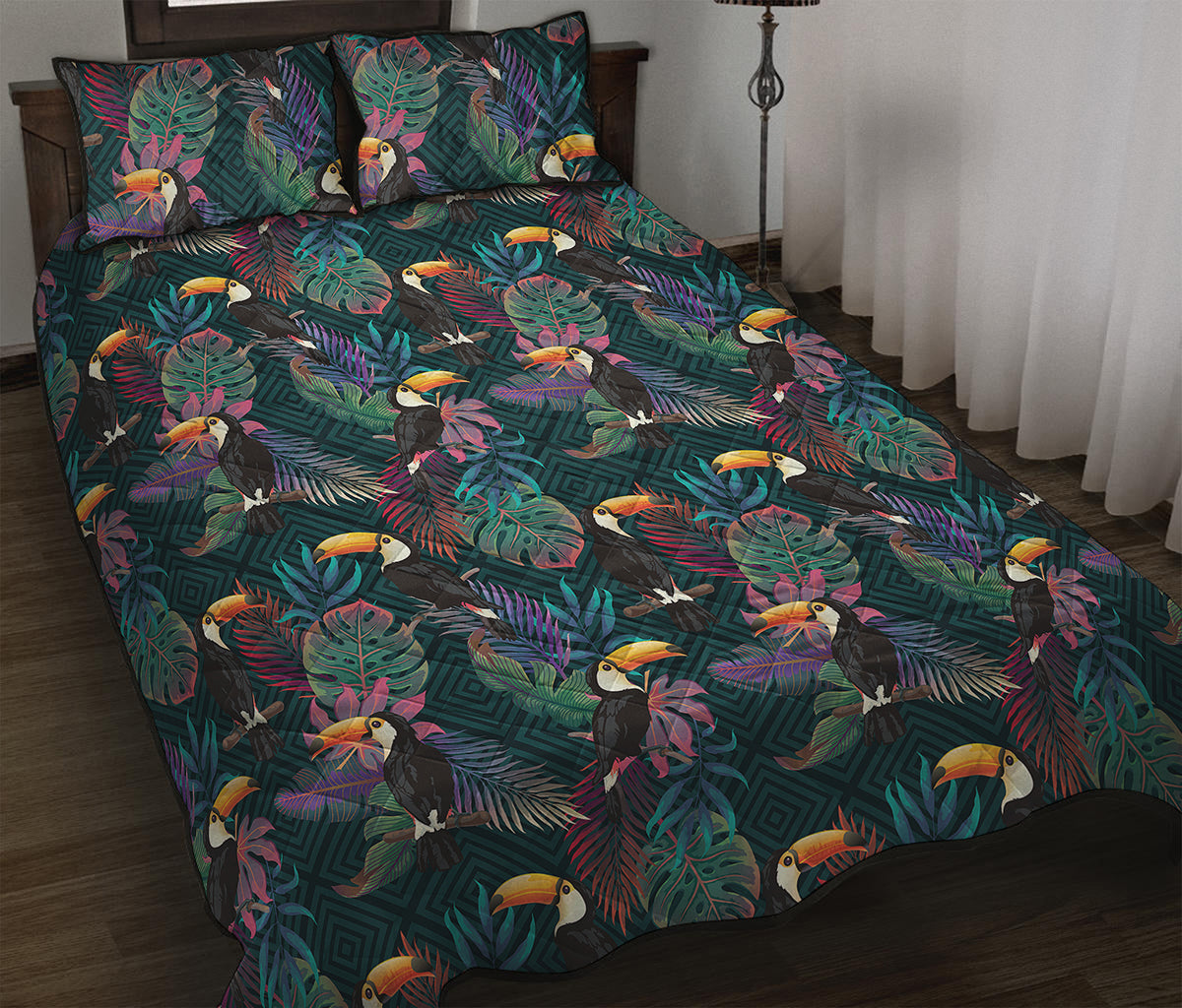 Exotic Tropical Toucan Pattern Print Quilt Bed Set