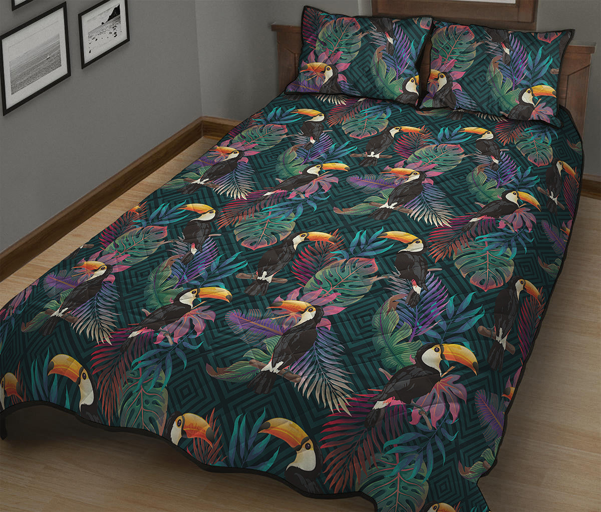 Exotic Tropical Toucan Pattern Print Quilt Bed Set