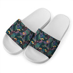 Exotic Tropical Toucan Pattern Print White Slide Sandals
