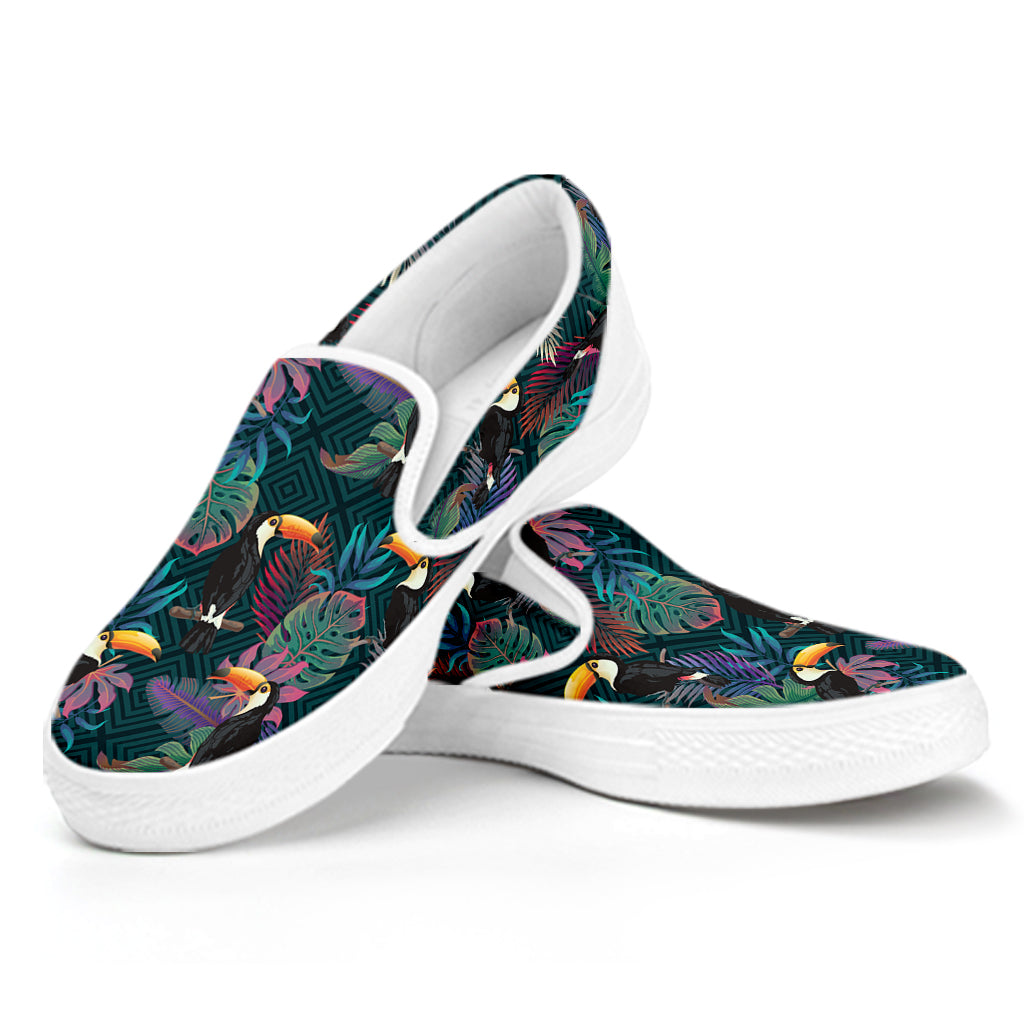 Exotic Tropical Toucan Pattern Print White Slip On Shoes