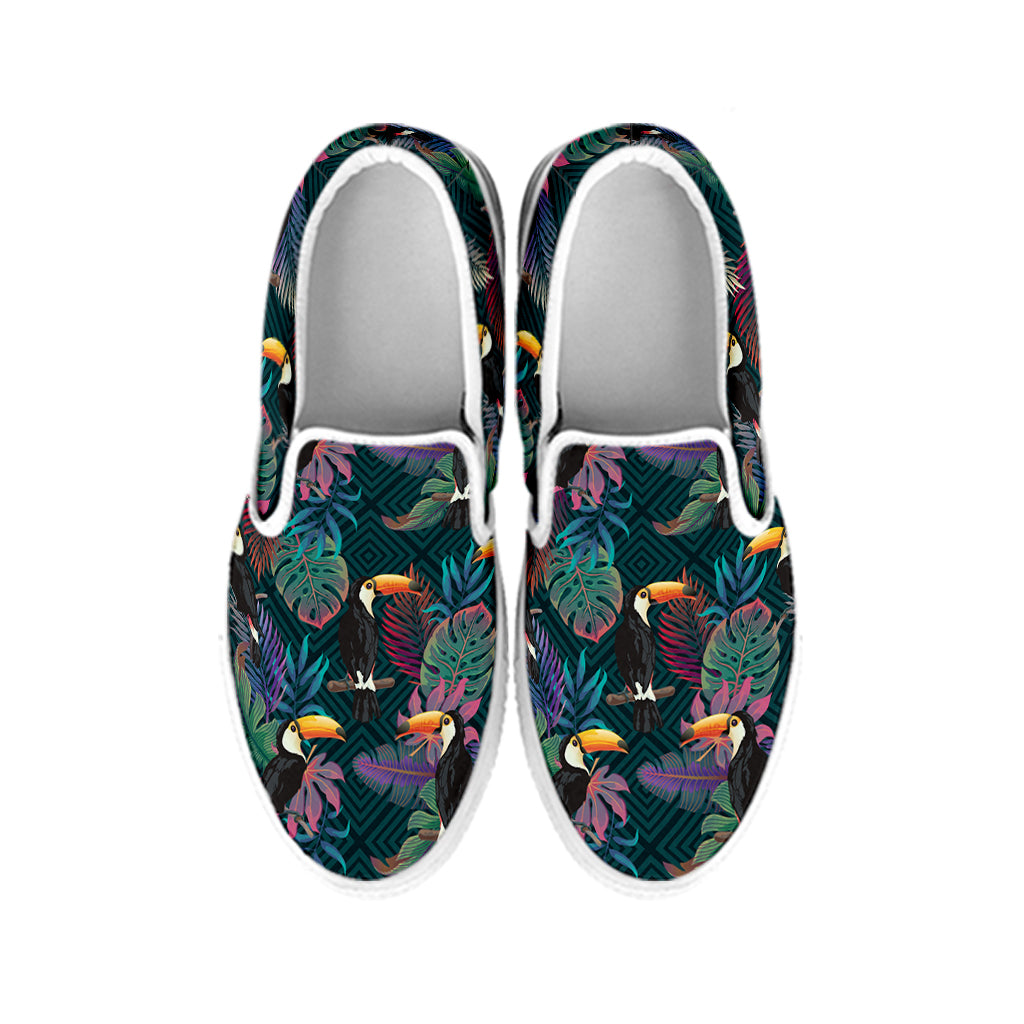 Exotic Tropical Toucan Pattern Print White Slip On Shoes