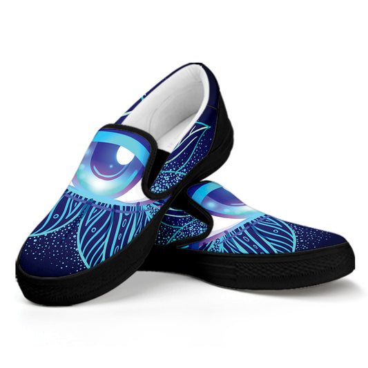 Eye of Providence Flower Print Black Slip On Shoes