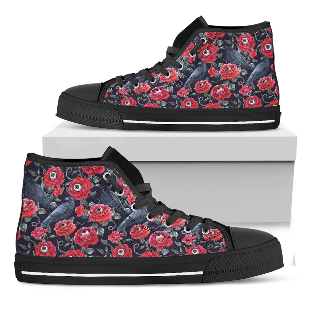 Eyeball Rose Pattern Print Black High Top Shoes