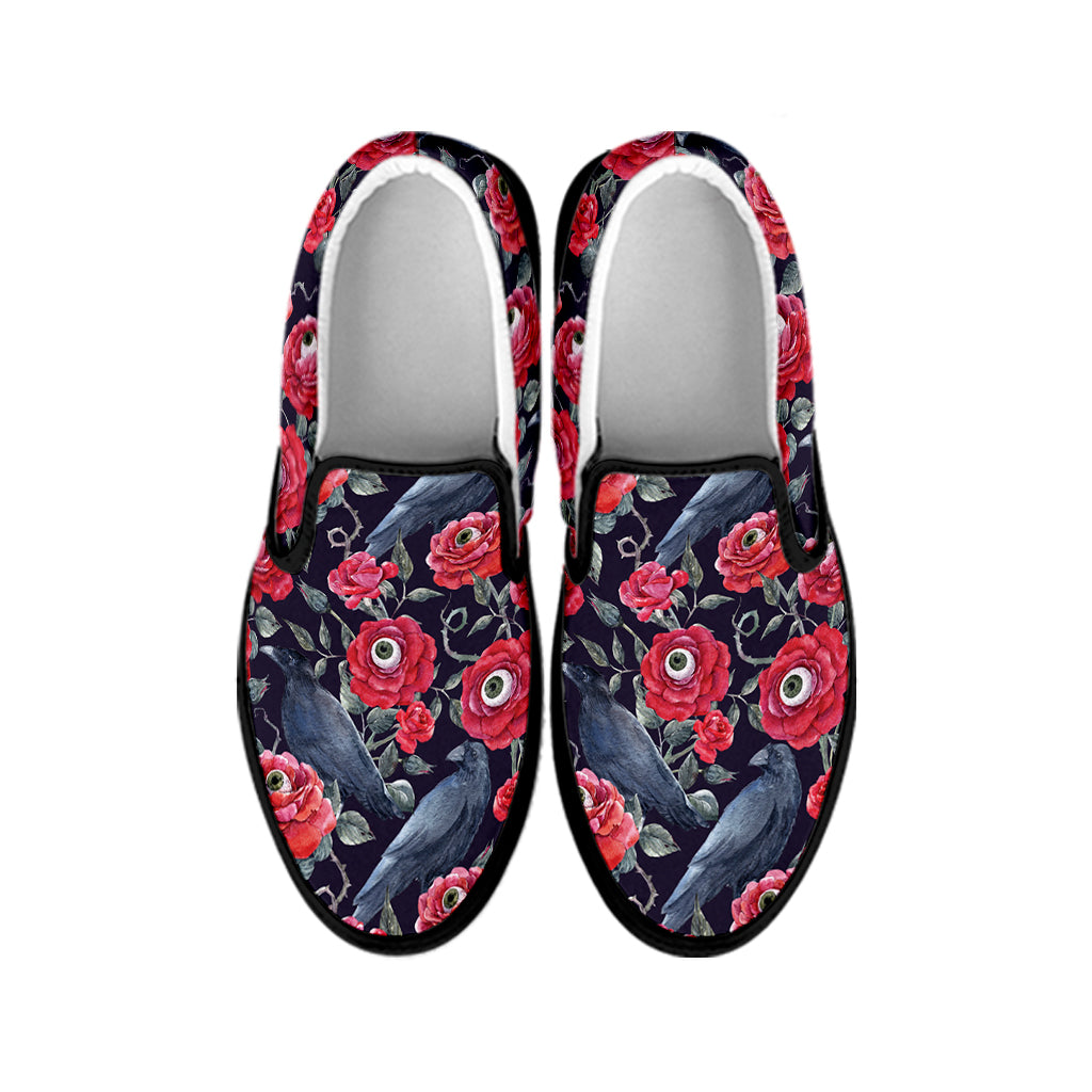 Eyeball Rose Pattern Print Black Slip On Shoes