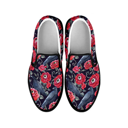 Eyeball Rose Pattern Print Black Slip On Shoes