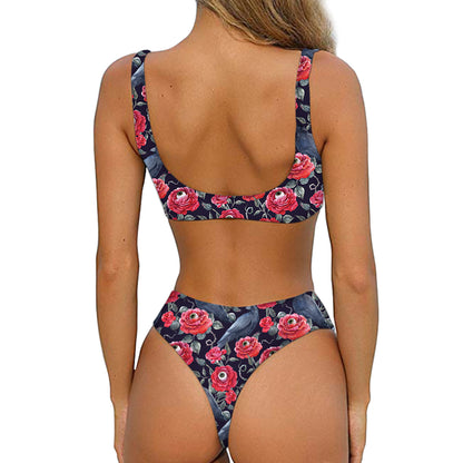 Eyeball Rose Pattern Print Front Bow Tie Bikini