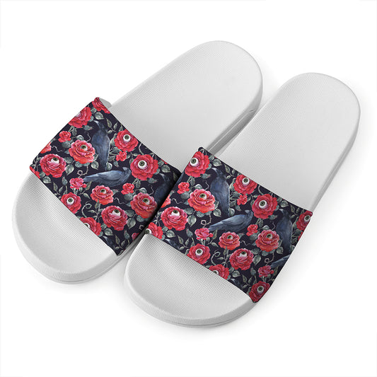 Eyeball Rose Pattern Print White Slide Sandals