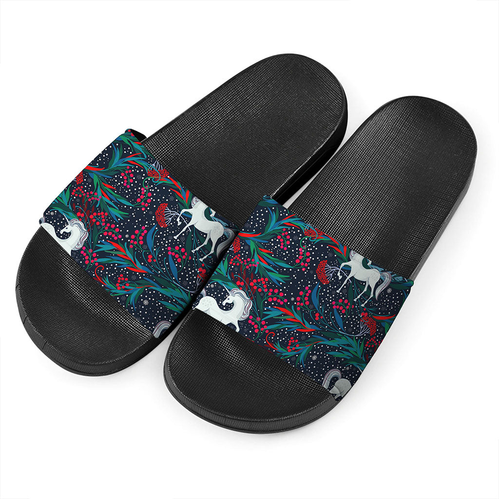 Fairy Floral Unicorn Pattern Print Black Slide Sandals