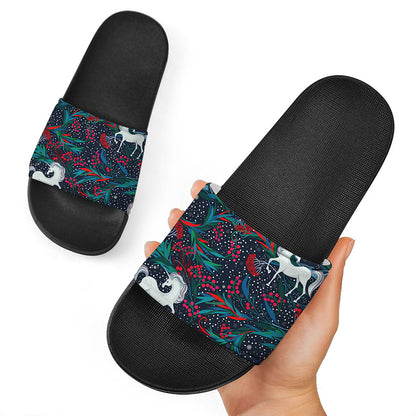 Fairy Floral Unicorn Pattern Print Black Slide Sandals