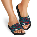 Fairy Floral Unicorn Pattern Print Black Slide Sandals