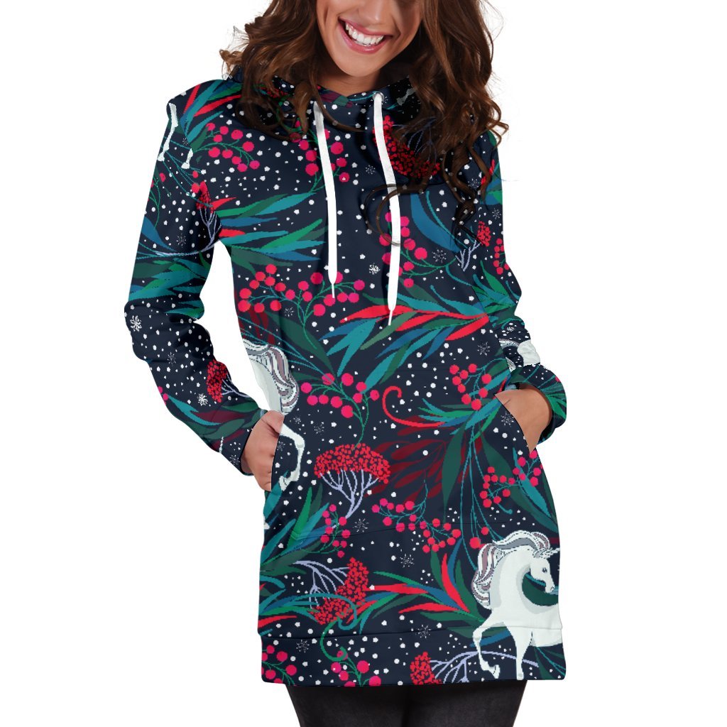 Fairy Floral Unicorn Pattern Print Hoodie Dress GearFrost