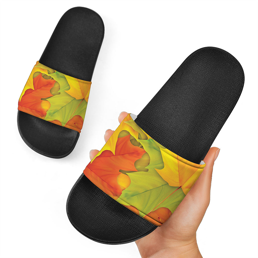 Fall Autumn Maple Leaves Print Black Slide Sandals