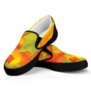 Fall Autumn Maple Leaves Print Black Slip On Shoes