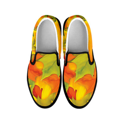 Fall Autumn Maple Leaves Print Black Slip On Shoes