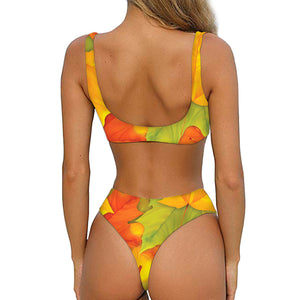 Fall Autumn Maple Leaves Print Front Bow Tie Bikini