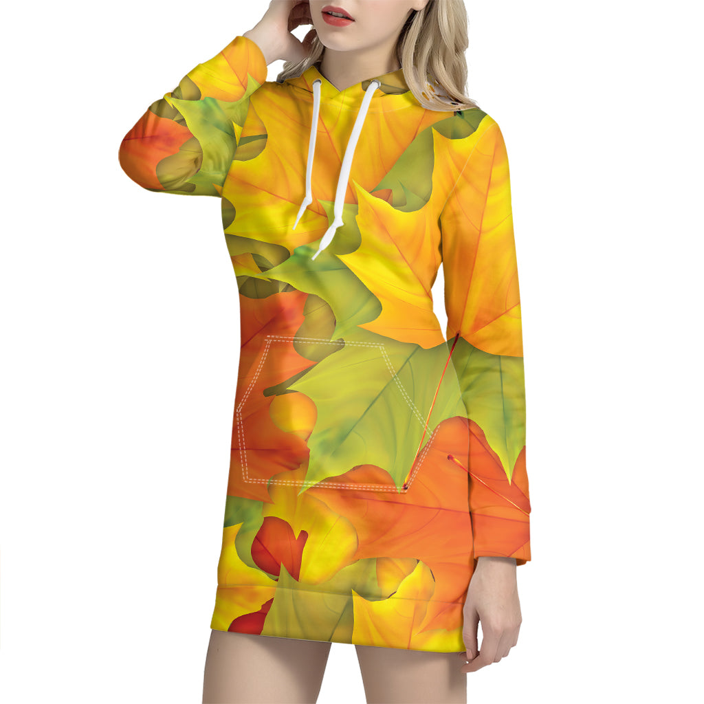 Fall Autumn Maple Leaves Print Hoodie Dress