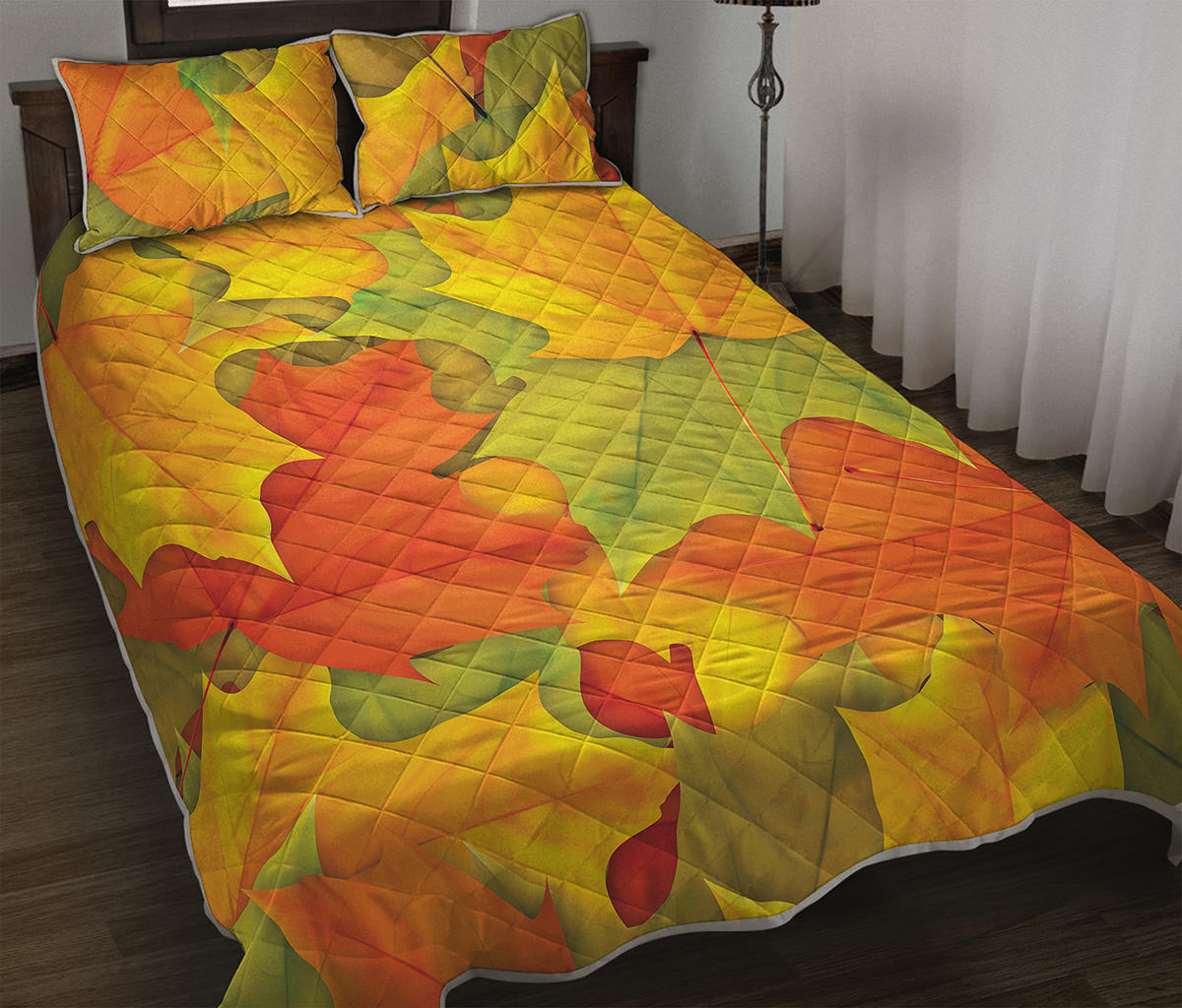 Fall Autumn Maple Leaves Print Quilt Bed Set