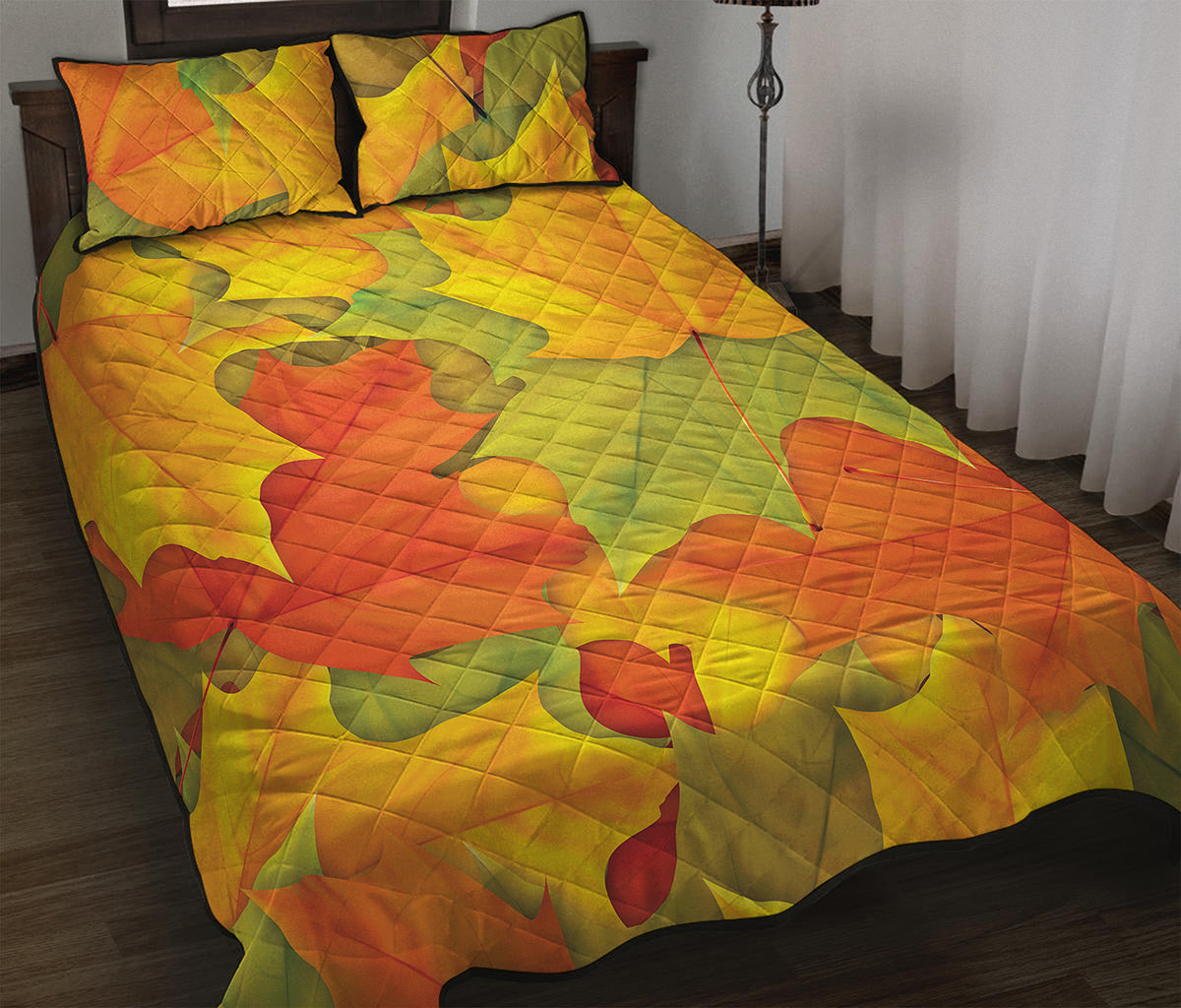 Fall Autumn Maple Leaves Print Quilt Bed Set