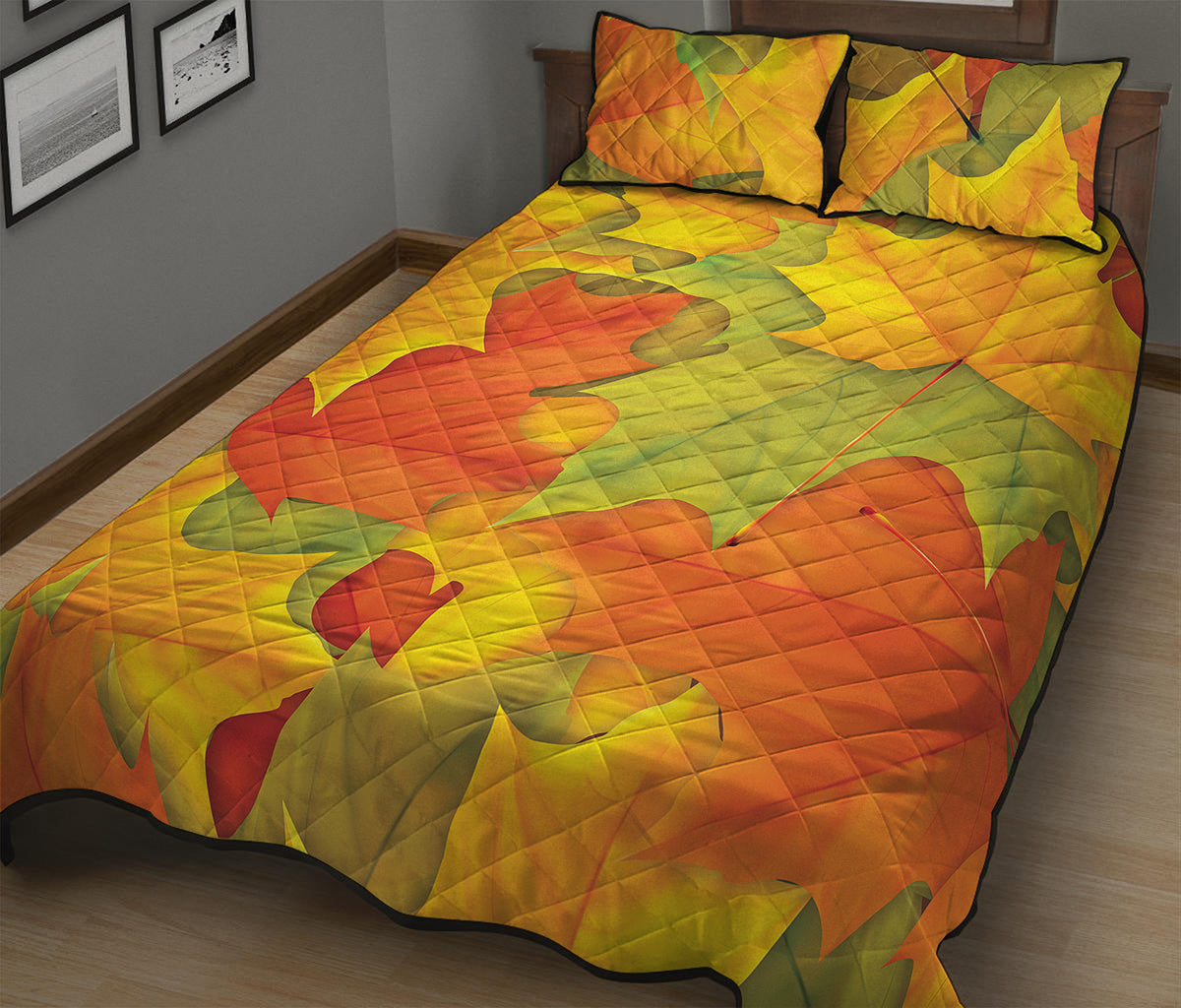 Fall Autumn Maple Leaves Print Quilt Bed Set