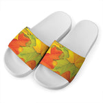 Fall Autumn Maple Leaves Print White Slide Sandals