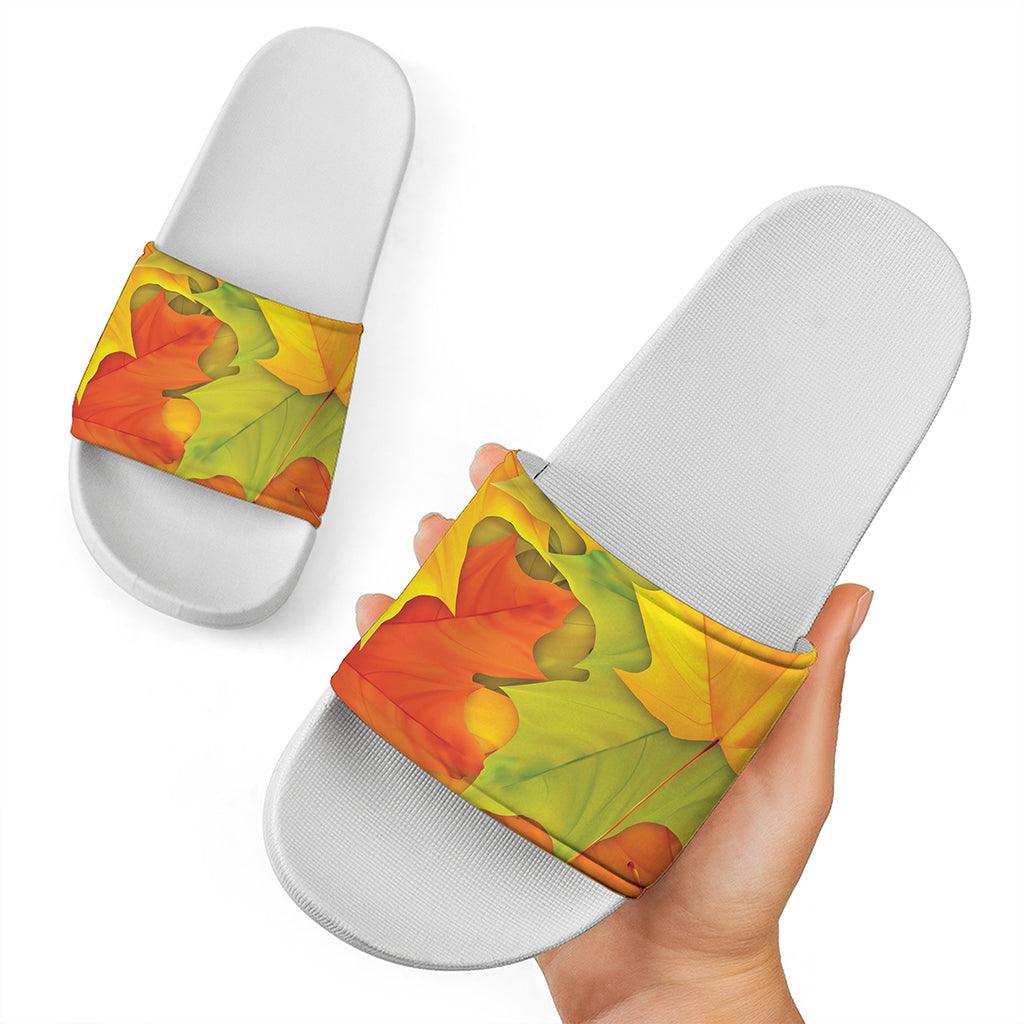 Fall Autumn Maple Leaves Print White Slide Sandals