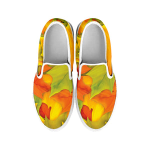 Fall Autumn Maple Leaves Print White Slip On Shoes