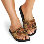 Fall Leaves Hunting Camouflage Print Black Slide Sandals