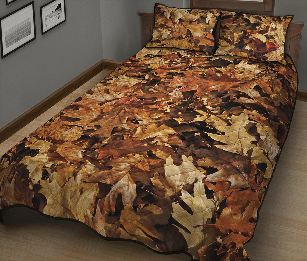Fall Leaves Hunting Camouflage Print Quilt Bed Set
