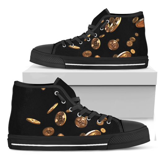 Falling Bitcoin Print Black High Top Shoes