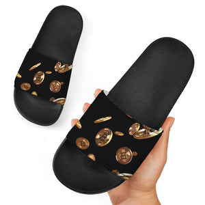 Falling Bitcoin Print Black Slide Sandals