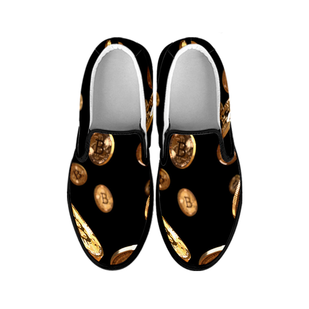 Falling Bitcoin Print Black Slip On Shoes