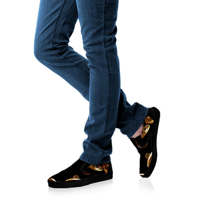 Falling Bitcoin Print Black Slip On Shoes