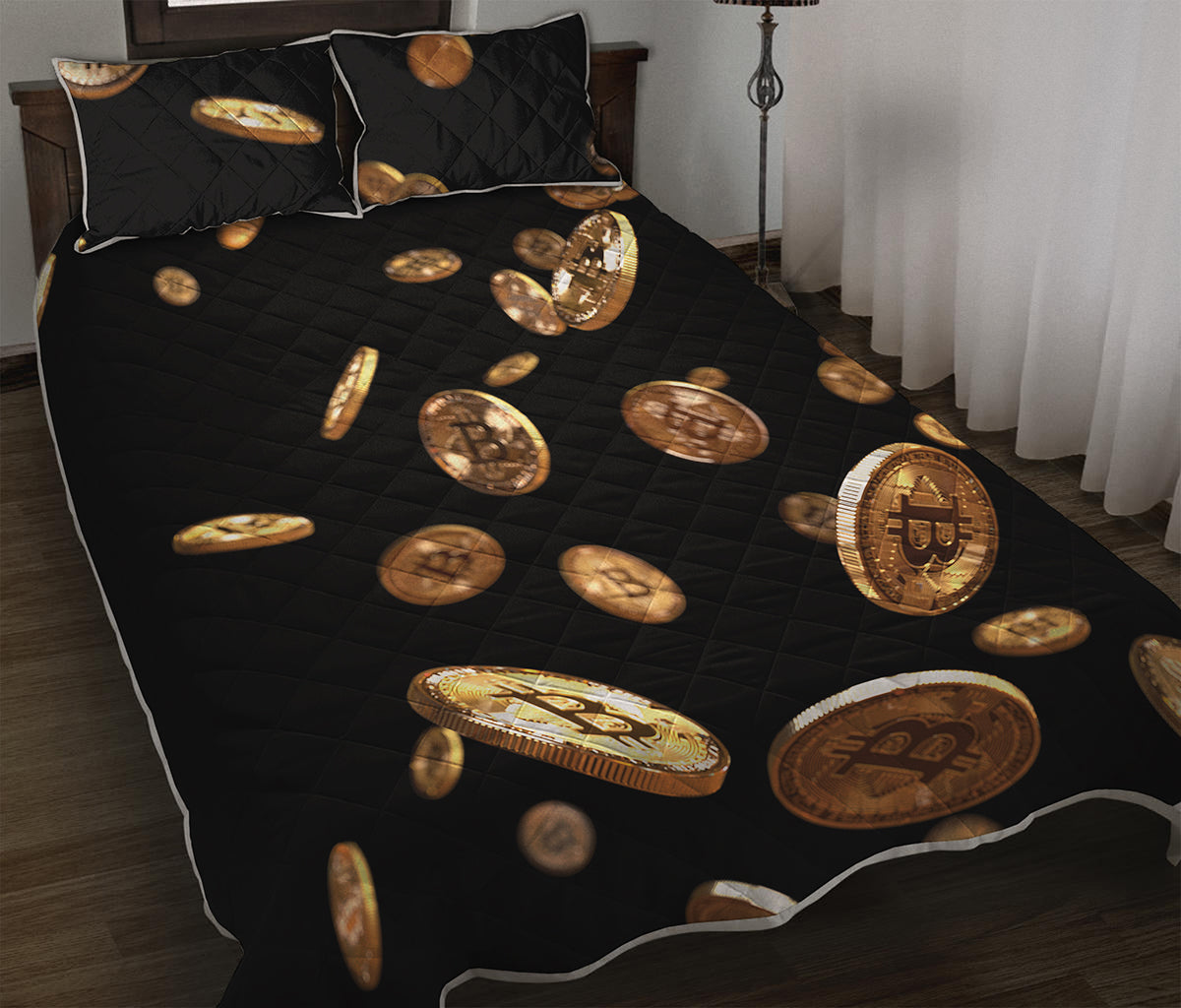 Falling Bitcoin Print Quilt Bed Set