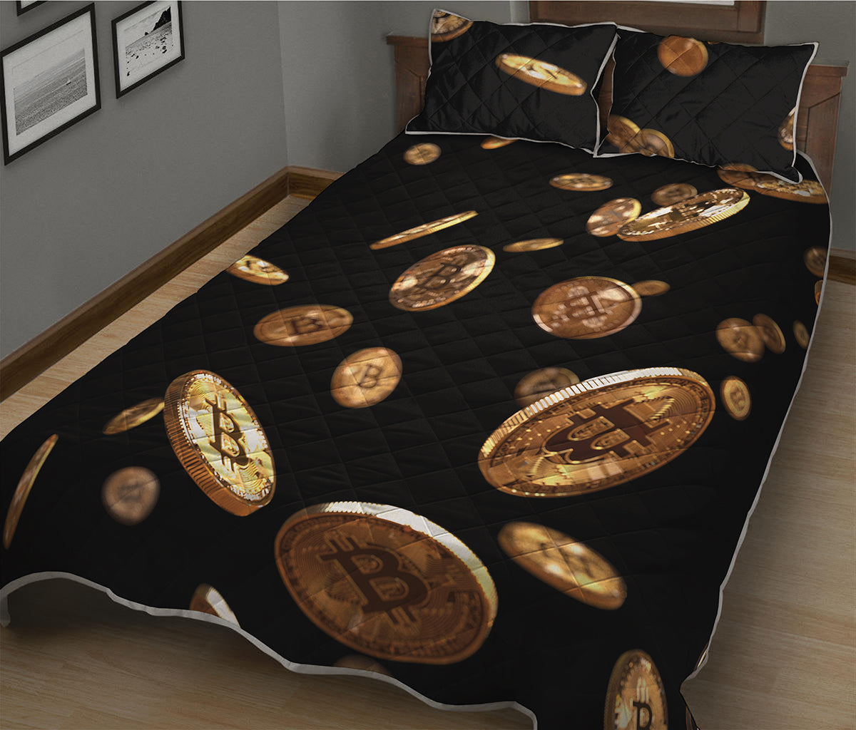 Falling Bitcoin Print Quilt Bed Set