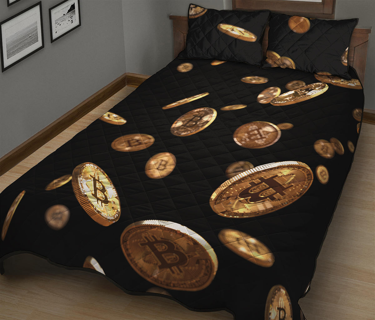 Falling Bitcoin Print Quilt Bed Set