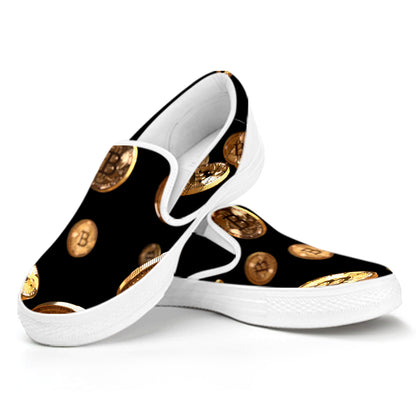 Falling Bitcoin Print White Slip On Shoes