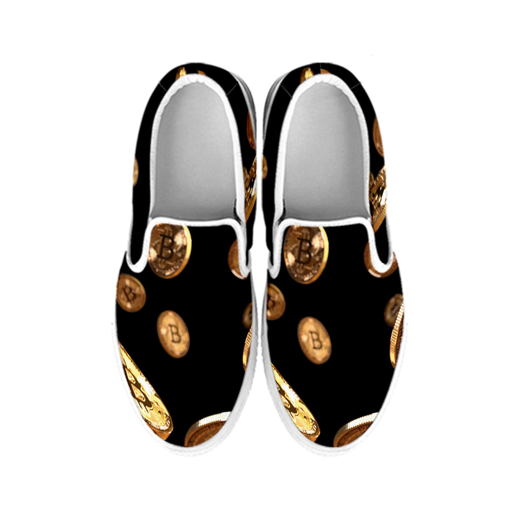 Falling Bitcoin Print White Slip On Shoes