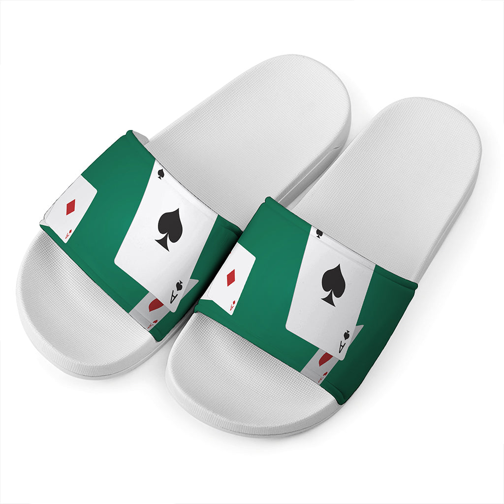 Falling Poker Cards Print White Slide Sandals