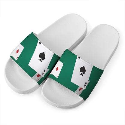 Falling Poker Cards Print White Slide Sandals