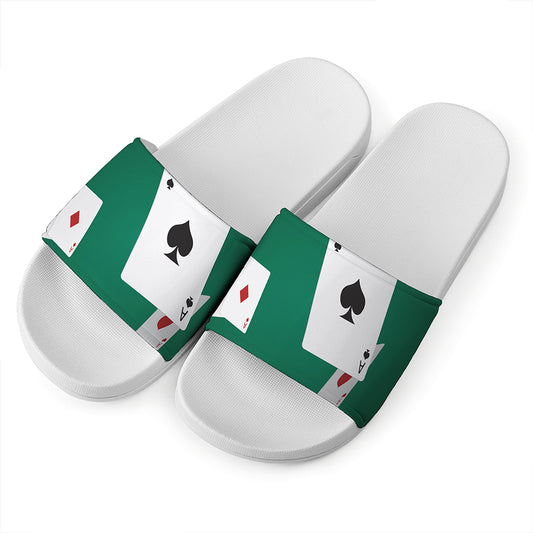 Falling Poker Cards Print White Slide Sandals