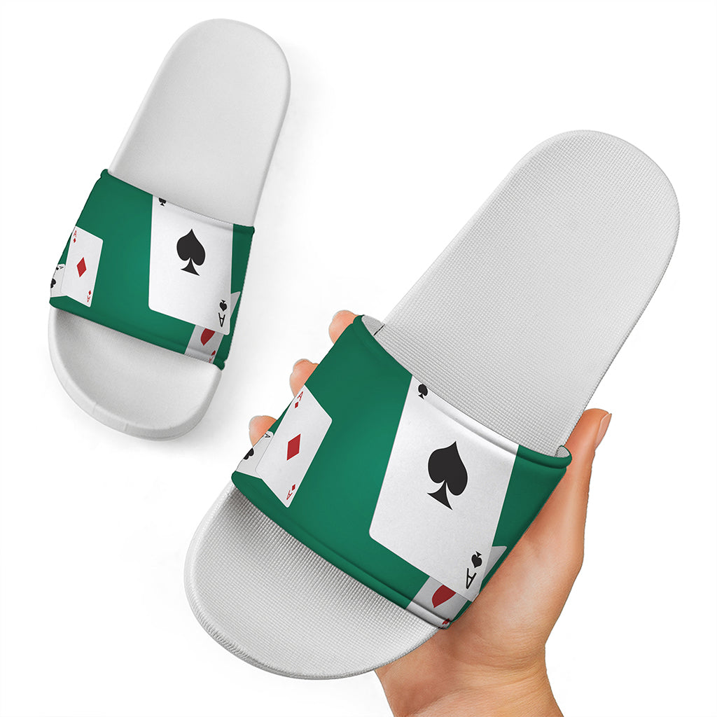 Falling Poker Cards Print White Slide Sandals