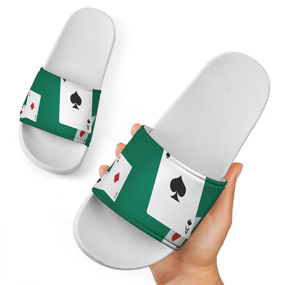 Falling Poker Cards Print White Slide Sandals