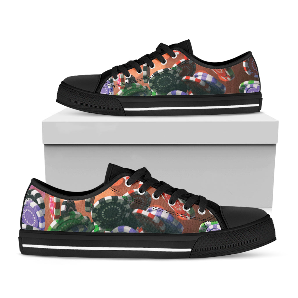 Falling Poker Chips Print Black Low Top Shoes