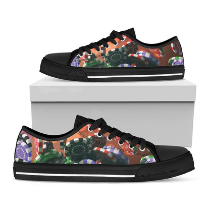 Falling Poker Chips Print Black Low Top Shoes