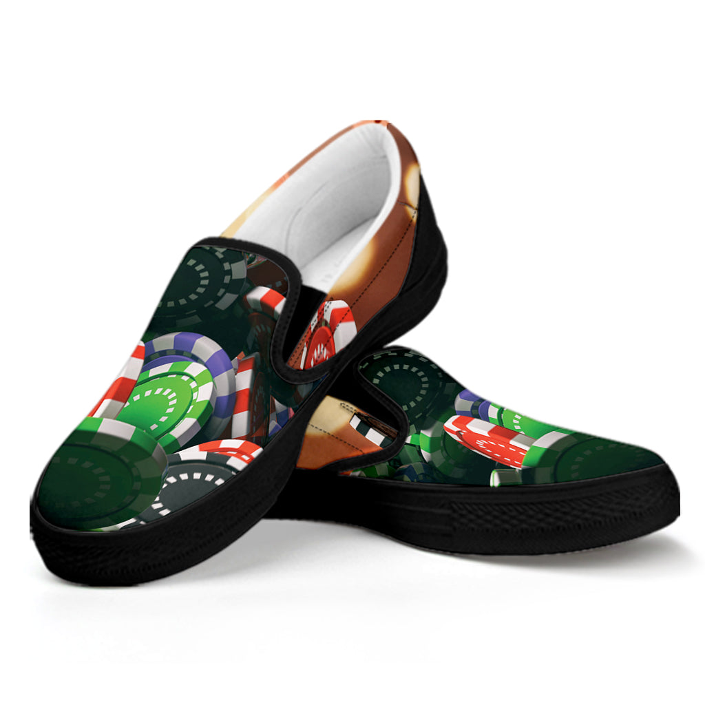 Falling Poker Chips Print Black Slip On Shoes